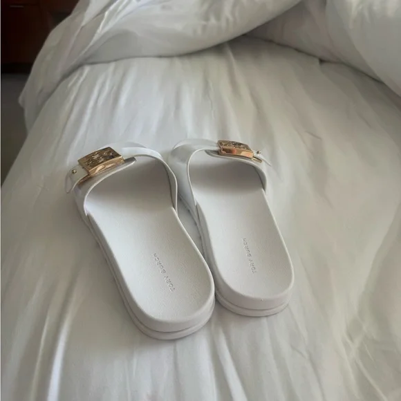 Tory Burch White Slides with Gold Accent - Picture 4 of 8